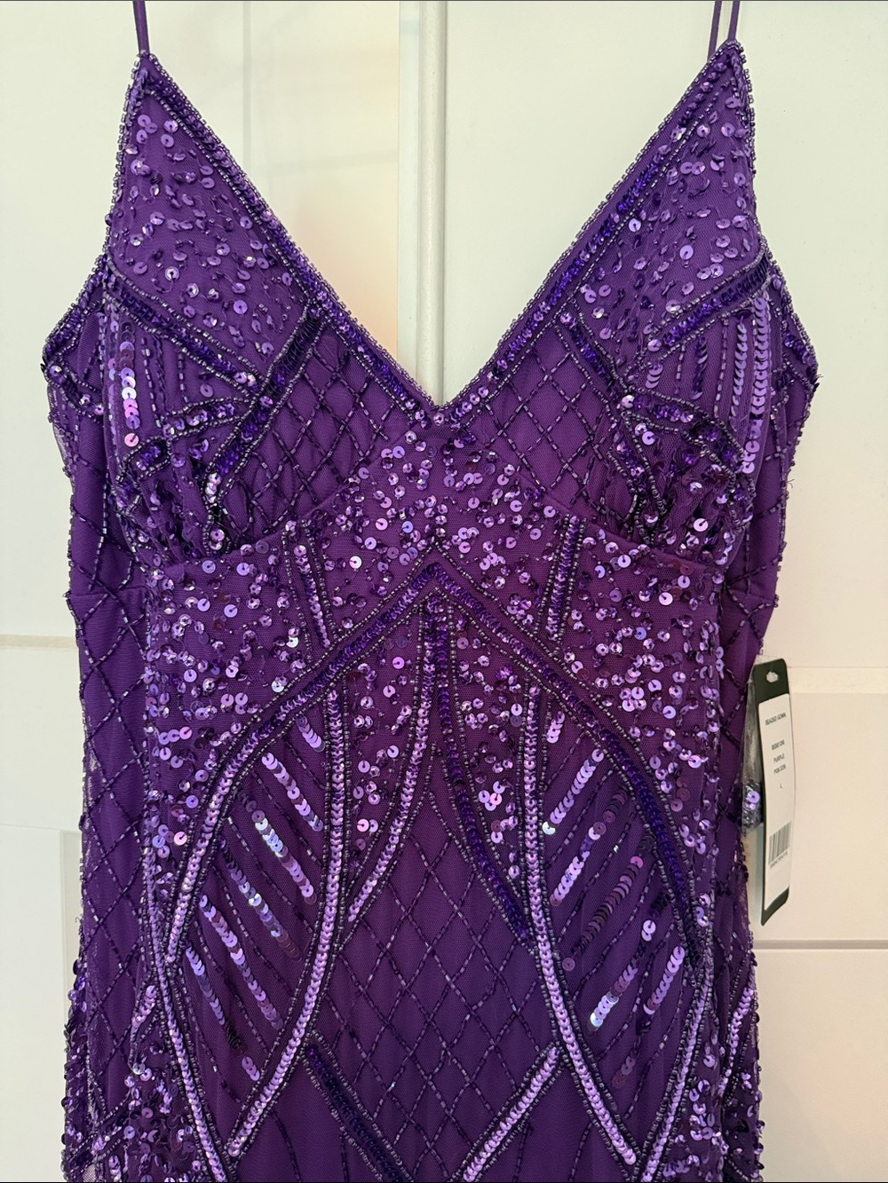 bebe Purple Beaded Spaghetti Strap Prom Gown - Picture 4 of 11